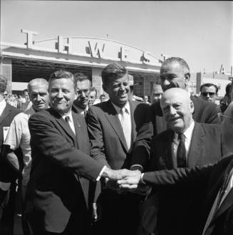 Image of Senators Kennedy, Johnson and Yarborough with Sam Rayburn at Love Field