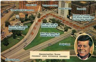 Postcard titled "Assassination Scene, President John Fitzgerald Kennedy"