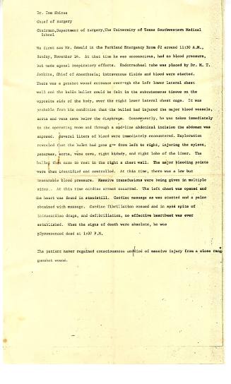 Photocopy of press release by Dr. Tom Shires regarding Oswald's Treatment