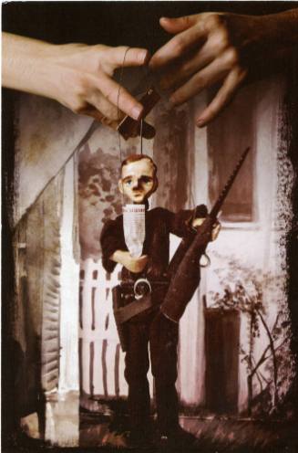 Postcard advertising a Lee Harvey Oswald-themed marionette performance