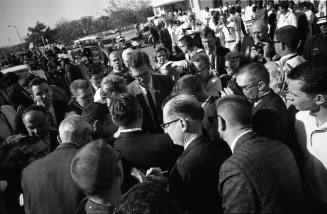 Image of Senator Ralph Yarborough with press outside Parkland Hospital