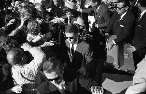 Image of an overhead view of the Kennedys greeting the crowd at Love Field