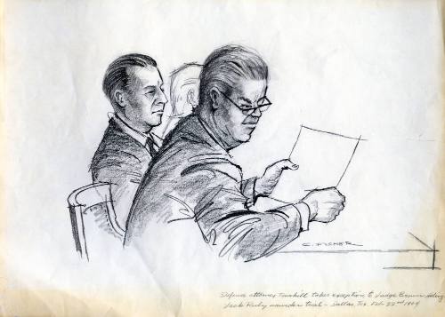 Courtroom sketch of Jack Ruby and defense attorney Joe Tonahill dated 02/22/1964