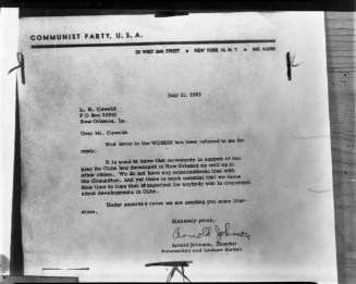 Image of letter from the Communist Party to Lee Harvey Oswald