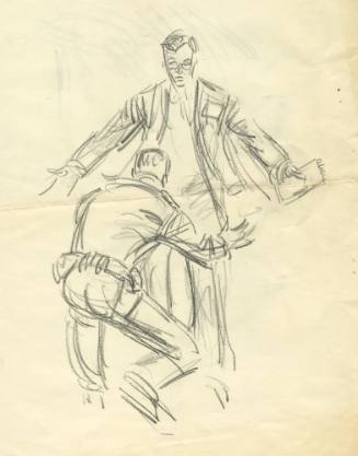 Courtroom sketch of a man being searched during the Jack Ruby trial