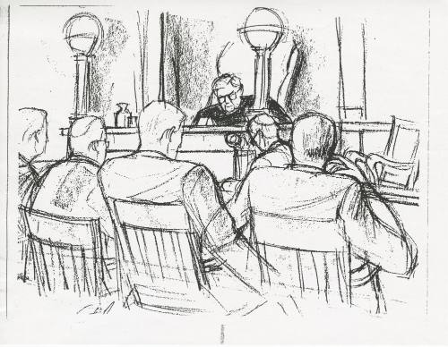 Copy of courtroom sketch of Jack Ruby trial courtroom by artist Gary Artzt