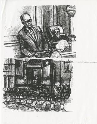 Copy of courtroom sketch of Jack Ruby trial courtroom by artist Gary Artzt