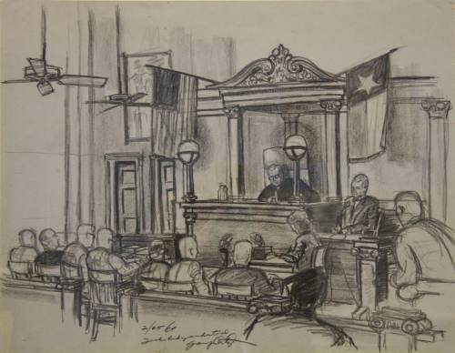 Pencil sketch of the Ruby trial courtroom by Gary Artzt