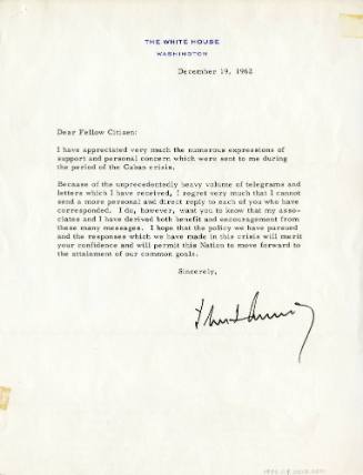 Form thank you letter sent from President Kennedy about the Cuban Missile Crisis