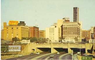 1960s Dallas postcard showing downtown Dallas from the triple underpass