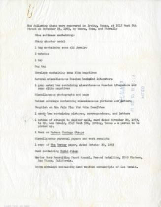 List of items belonging to Lee Harvey Oswald taken from Ruth Paine's home