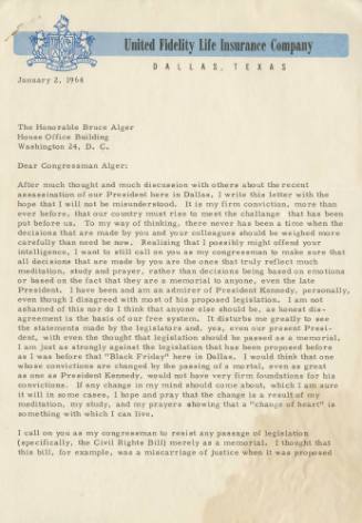 Letter to Congressman Bruce Alger from Dallas resident