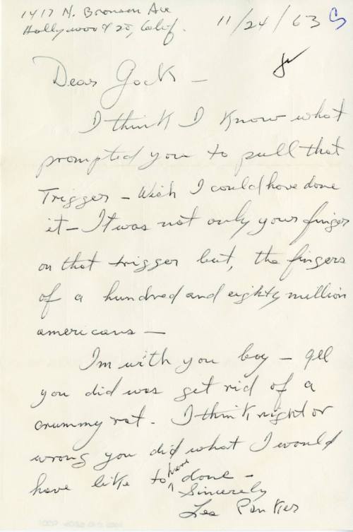 Handwritten letter sent to Jack Ruby the day he shot Lee Harvey Oswald