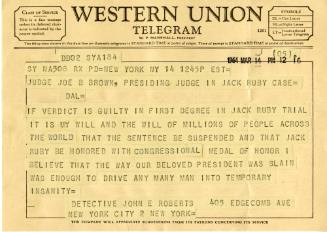Telegram sent to Judge Brown before the Ruby trial verdict was announced