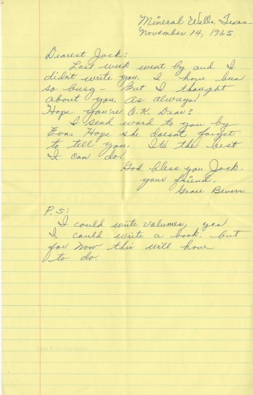 Letter sent to Jack Ruby from Grace Bevers
