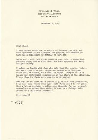 Letter to Reverend William A. Holmes from William H. Tagg
