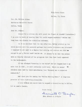 Letter to Reverend William A. Holmes from Harriett O'Boyle