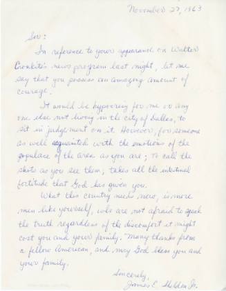 Letter to Reverend William A. Holmes from James E. Sheldon, Jr.