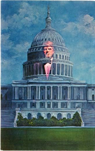 Postcard of a wax museum tableau of President Kennedy and the U.S. Capitol