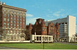 Postcard showing buildings on Houston Street in Dealey Plaza