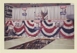 Image of a stage set for a Kennedy campaign appearance in Kentucky
