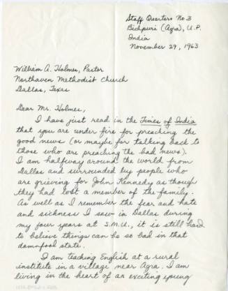 Letter to Reverend William A. Holmes from Jean Hinson