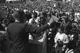 Image of John F. Kennedy giving a campaign speech in Burnett Park, Fort Worth