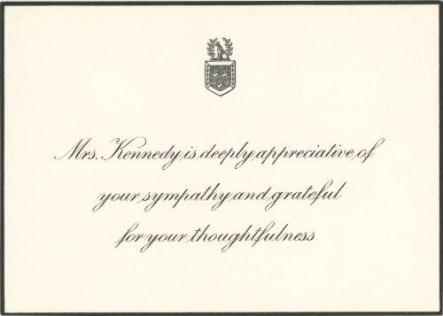 Notecard from Mrs. Kennedy thanking recipient for condolences offered