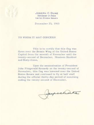Letter of authenticity for flag flown over U.S. Senate during mourning period