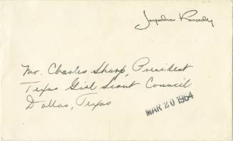 Envelope for a sympathy acknowledgement card  from Jacqueline Kennedy