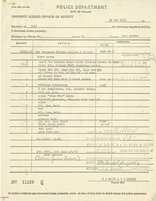 Dallas Police Department property receipt for Jack Ruby