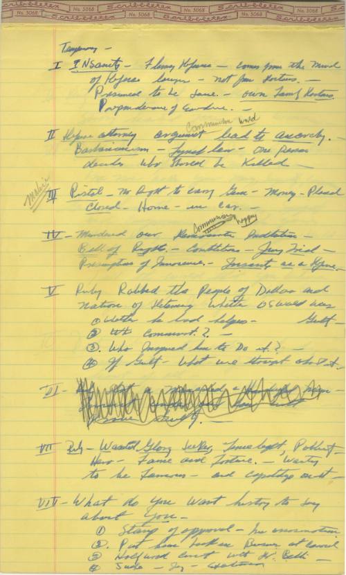 Henry Wade's handwritten notes for closing arguments in Ruby trial