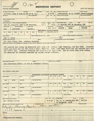 Dallas Police Department Homicide Report for President John F. Kennedy