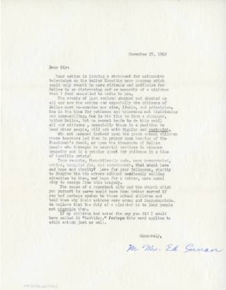 Letter to Reverend William A. Holmes from Mr. & Mrs. Ed Curran