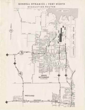 Cold War-era map of evacuation routes from General Dynamics in Fort Worth