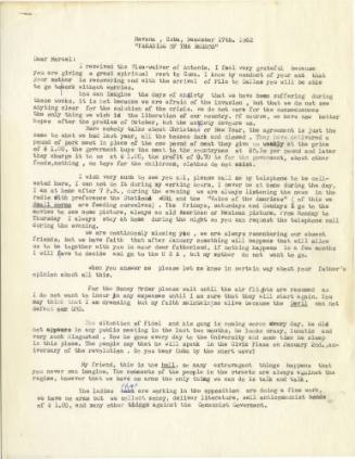 Letter from a Havana, Cuba resident, written after the Cuban Missile Crisis