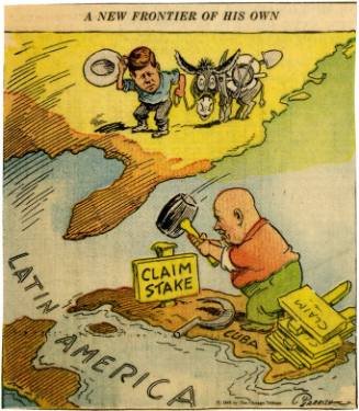Political cartoon featuring Kennedy, Khrushchev and Cuba