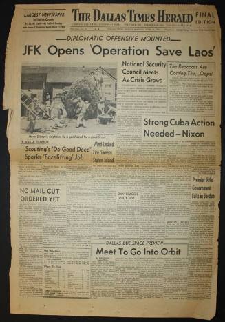 Pages from the Dallas Times Herald with headlines about space, Cuba and Laos