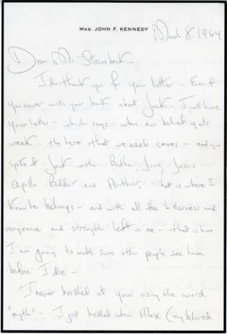 Handwritten letter from Jacqueline Kennedy to John Steinbeck, 03/08/1964