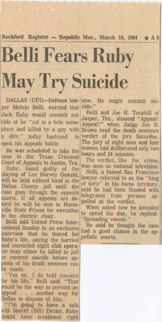 T24 "Belli Fears Ruby May Try Suicide," clipping from Rockford Register-Republic