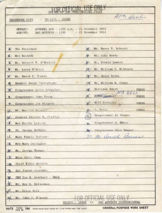 Passenger manifest from Air Force One for the Kennedy's 1963 trip to Texas