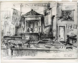 Photograph of courtroom sketch of Jack Ruby trial courtroom with notes