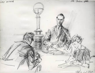 Photograph of courtroom sketch of defense witness Dr. Frederic Gibbs