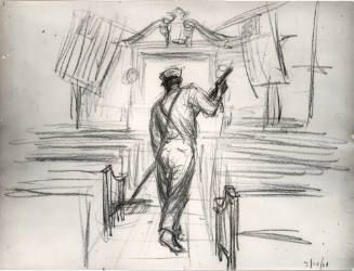Courtroom sketch of a janitor sweeping to Jack Ruby trial courtroom