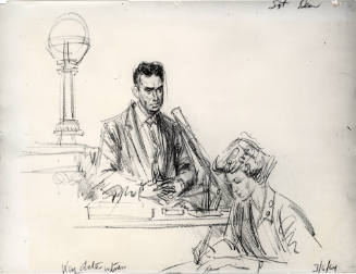 Photograph of courtroom sketch of witness Sgt. Patrick Dean at Jack Ruby trial