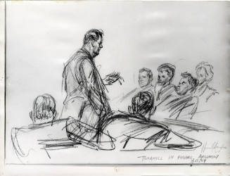 Photograph of courtroom sketch of Joe Tonahill in final argument of Ruby trial