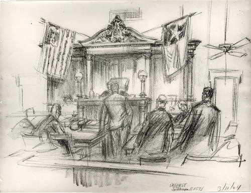 Photograph of courtroom sketch of defense team at Jack Ruby trial