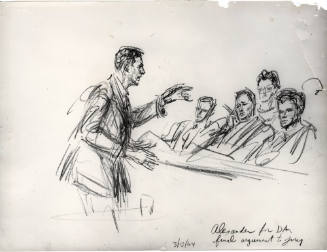 Photograph of courtroom sketch of Bill Alexander in final argument of Ruby trial
