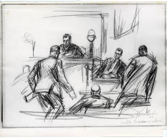 Photograph of courtroom sketch of Tonahill interviewing witness at Ruby trial