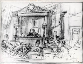Photograph of courtroom sketch of Jack Ruby trial courtroom dated March 12, 1964